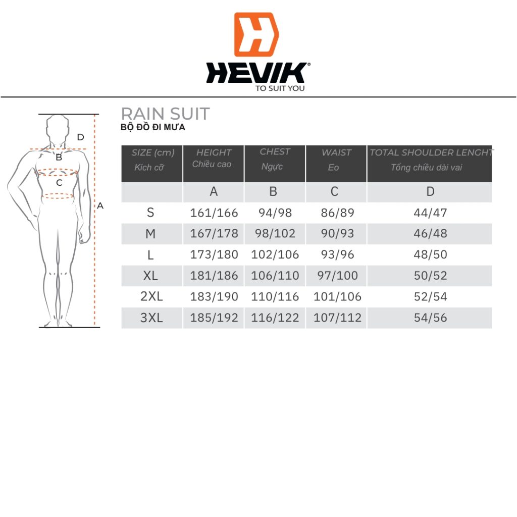 Hevik Rain Suit Size Chart